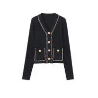 春夏V领重工时尚气质黑色链条修身长袖针织开衫外套-5656