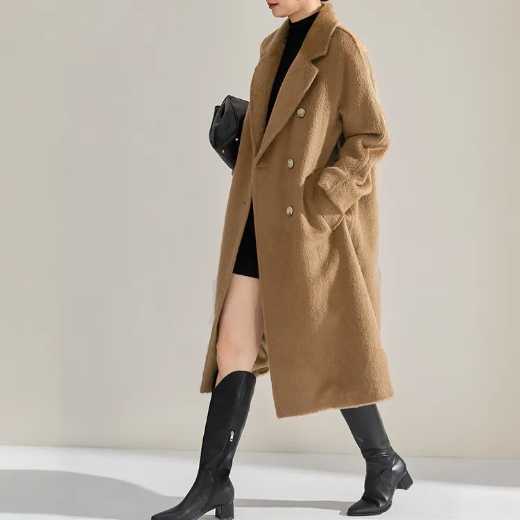 毛呢外套女文艺风大衣秋冬气质双排扣中长款羊毛大衣外套