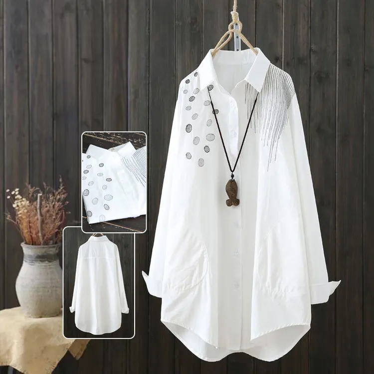 圆圈刺绣白衬衫女春季款长袖休闲百搭上衣宽松洋气中长款文艺衬衣