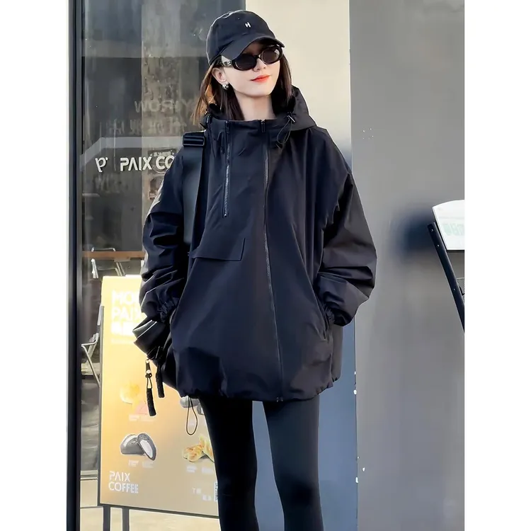 欧货时尚双拉链设计感连帽冲锋衣女2025春秋新款宽松休闲百搭外套
