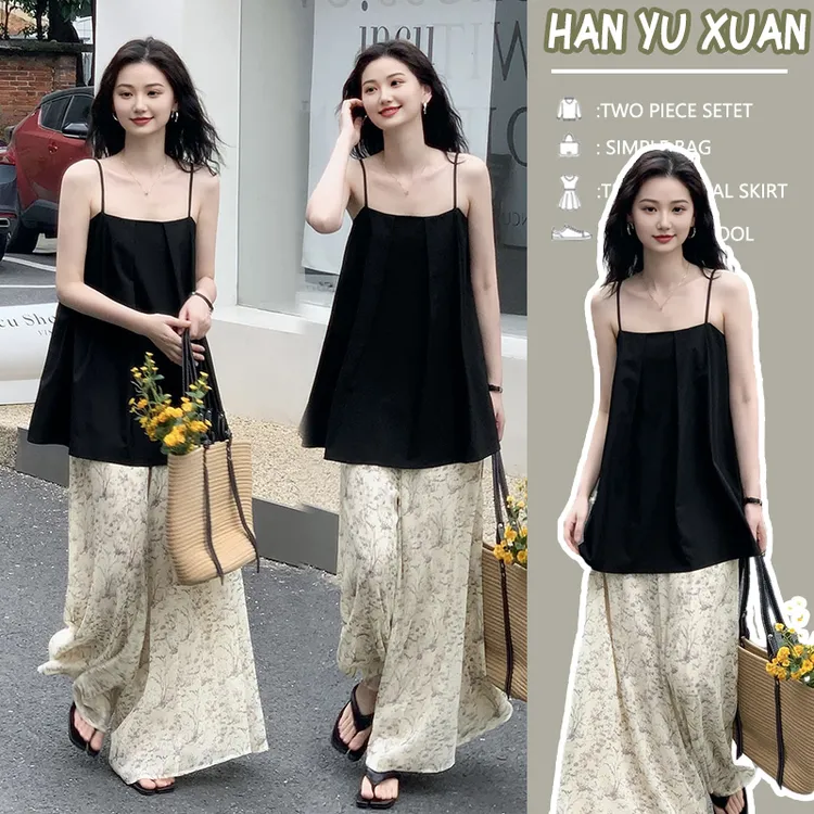 孕妇装2025夏季甜美气质外穿吊带背心女设计感阔腿碎花裙裤两件套