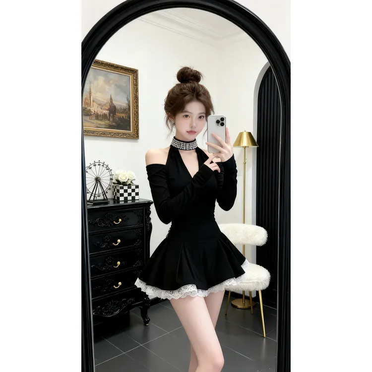 秋冬2026轻奢贵气温婉知性风黑色镶钻V领露肩长袖修身收腰连衣裙