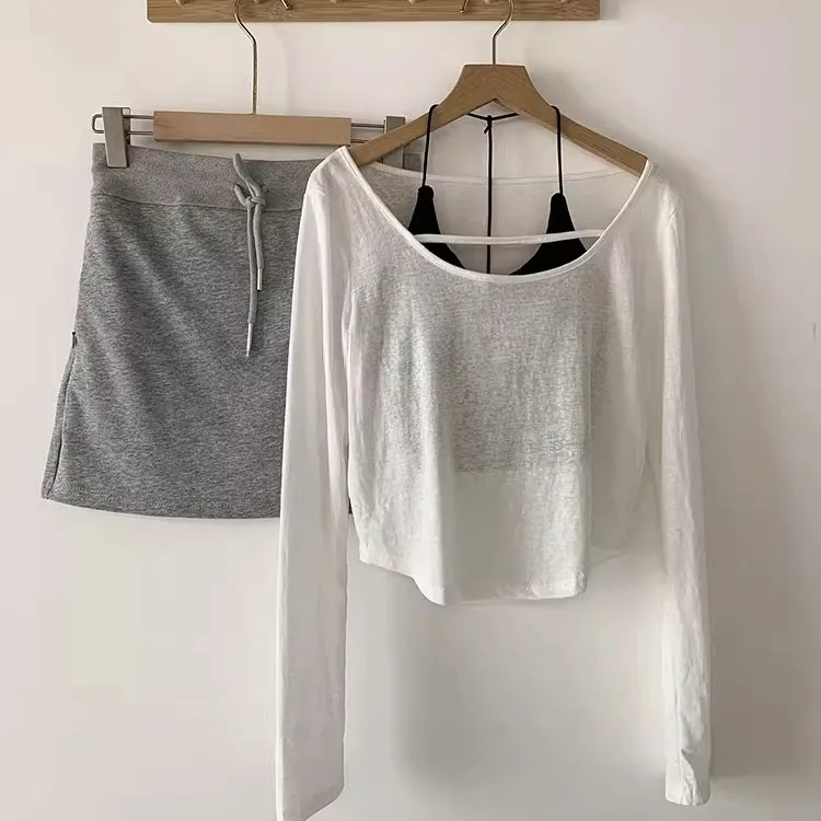 辣妹风镂空长袖挂脖背心三件套女秋季薄款防晒罩衫上衣半身裙