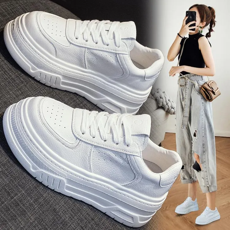 真皮小白鞋女2025夏季新款爆款薄款透气厚底增高松糕百搭休闲板鞋