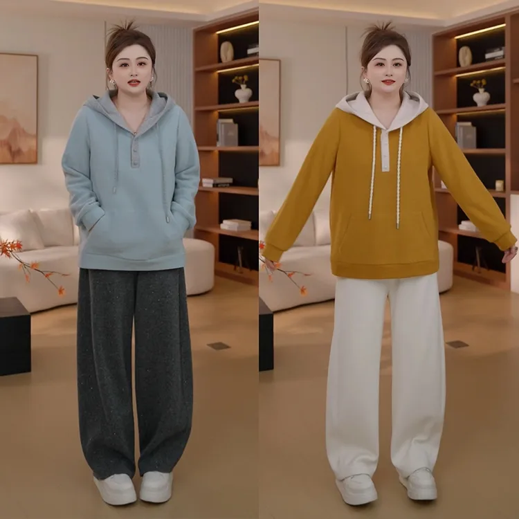 【胖佳佳】现货~油画庄园 秋冬时尚加厚百搭撞色连帽卫衣H625Z18553