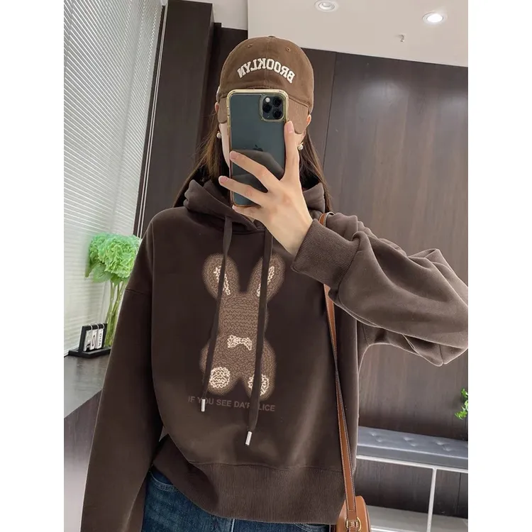 设计感小众秋冬新款2025加绒加厚套头连帽卫衣女短款宽松韩版外套