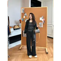 WenWen小个子韩版秋新款格子绑带内搭+外套+窄版直筒裤套装4360