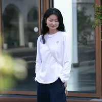 牧衣原创设计手工刺绣纯棉净色长袖T恤新款百搭休闲上衣 念初