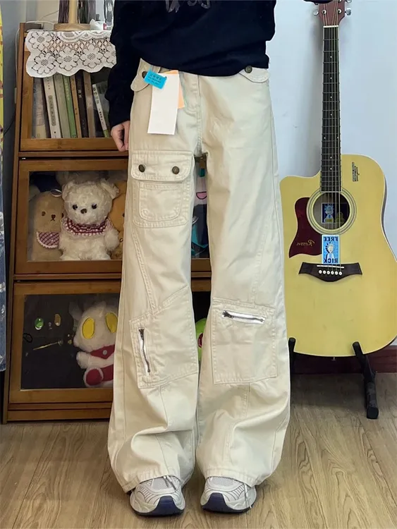 美式高街多口袋微喇牛仔裤女春季2025新款宽松显瘦垂感阔腿拖地裤