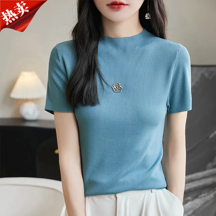 哥弟阿玛施正品法式曲珠山茶花短袖针织衫气质修身内搭打底衫上衣