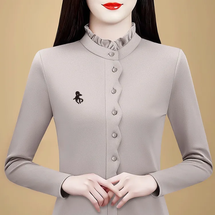 半高领打底衫女秋冬洋气时尚妈妈小衫木耳边刺绣保暖德绒长袖上衣