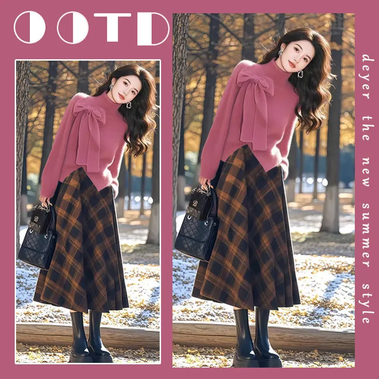 春季过年穿搭一整套女2025新款韩版蝴蝶结保暖毛衣半身裙两件套女