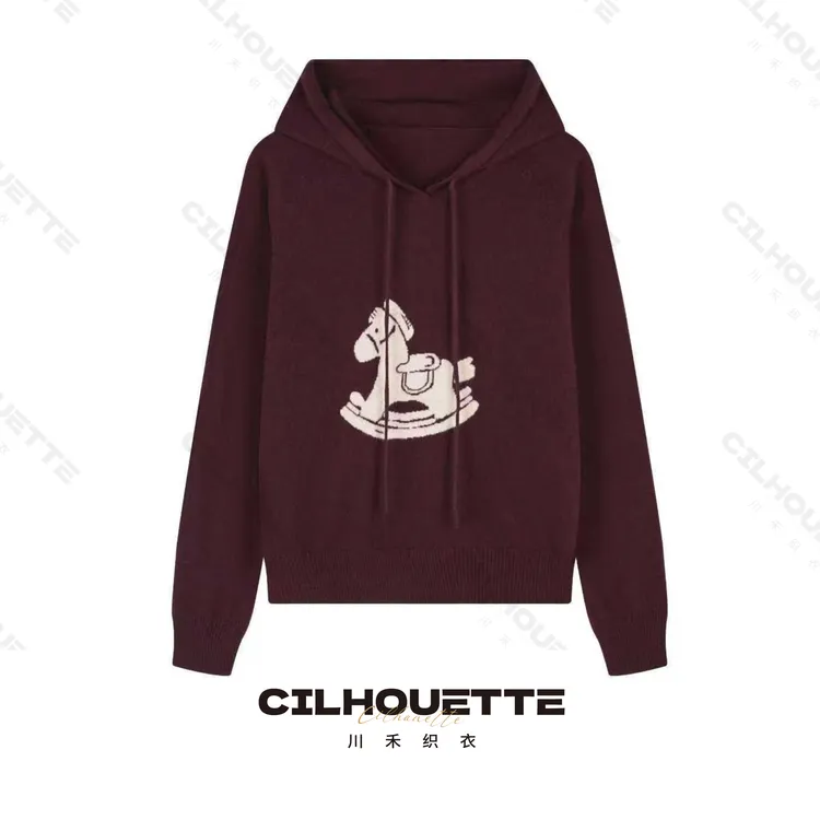 【黑标】川禾织衣 早秋木马提花连帽100棉羊毛针织打底长袖羊毛衫