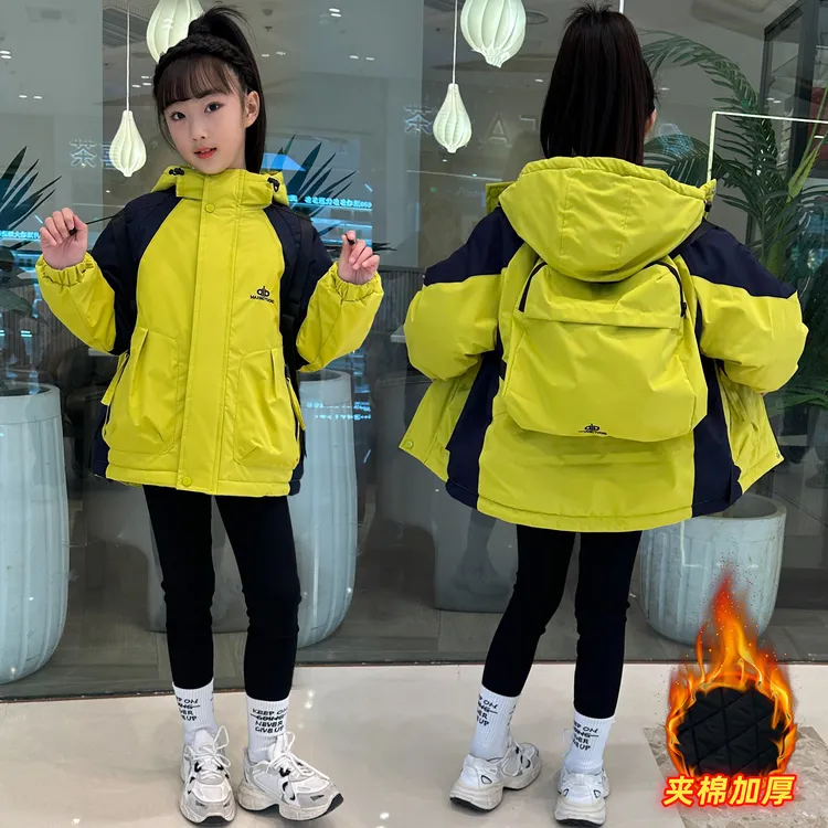 女童秋冬款外套夹棉加厚2025新款大童冬装儿童拼接冬季连帽冲锋衣