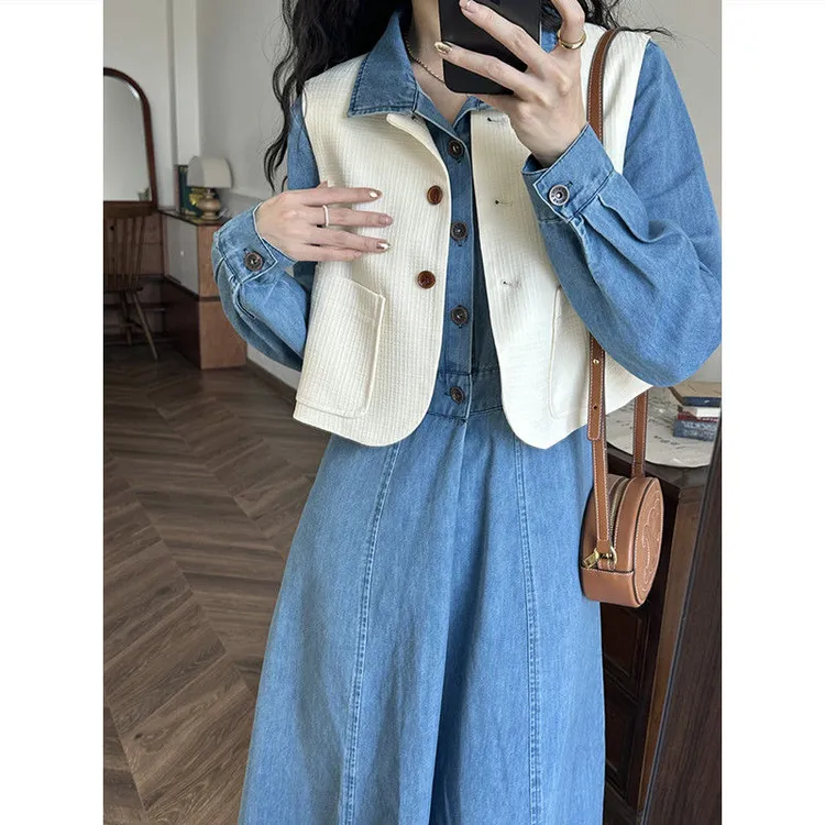 韩版气质盐系少女设计感收腰显瘦牛仔连衣裙+百搭无
