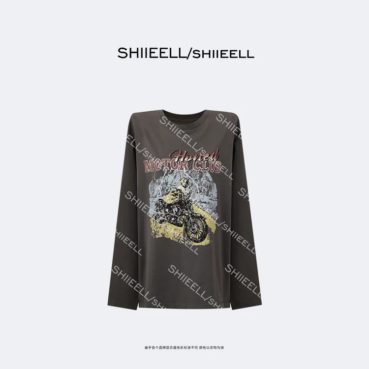 SHIIEELL【摩托车日记】美式复古时尚棉质洗水机车印花圆领T恤Z8127