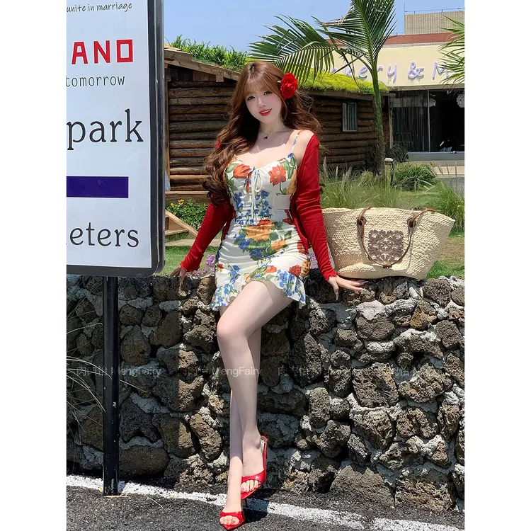 MengFairy现货【殷红花海】复古碎花显瘦花边吊带连衣裙5364M
