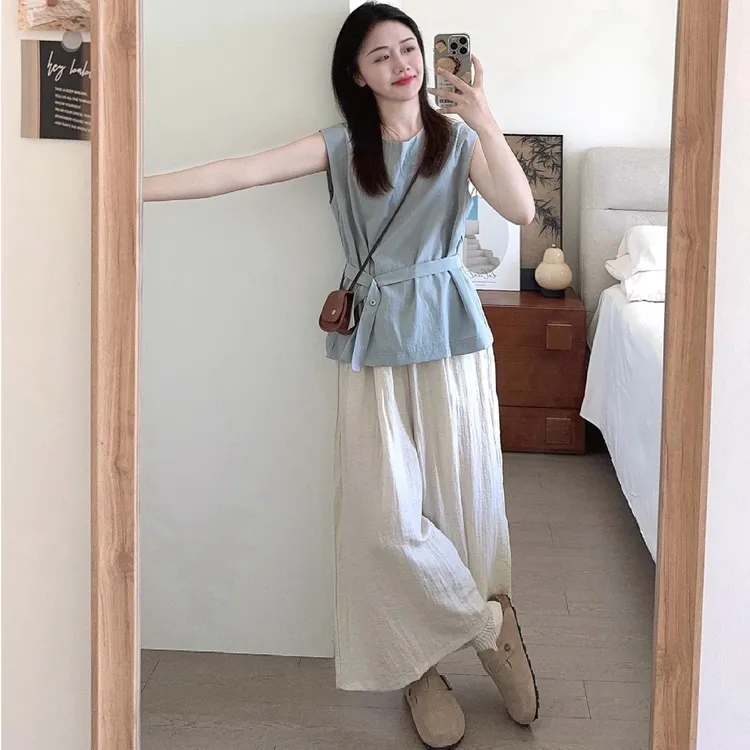 韩版圆领腰带衬衫女2025夏季新款时尚百搭气质显瘦打底上衣套装