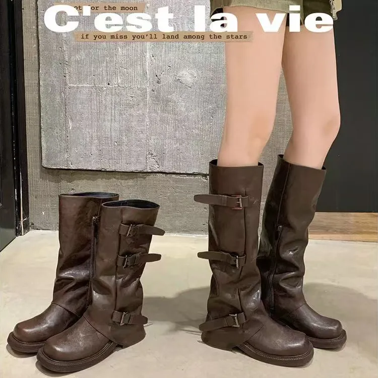 【葡葡女鞋】腿精担当！增高6/8cm皮带扣方圆头褶皱中筒骑士靴女鞋冬
