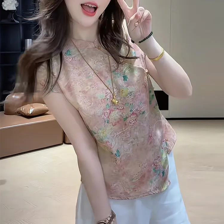 新中式国风复古印花短袖衬衫女2025夏季新款时尚显瘦飞飞袖上衣潮