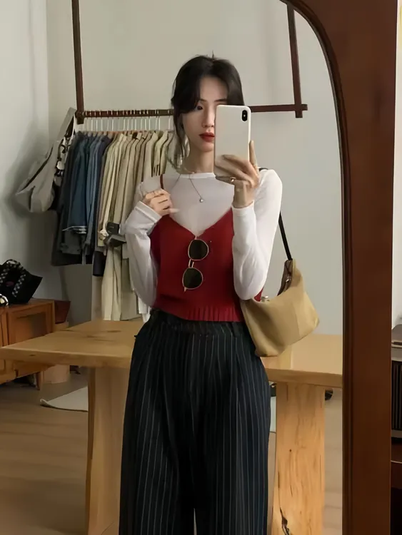 【幸运日】2025新款红色针织吊带背心白色打底衫时尚气质高级感套装