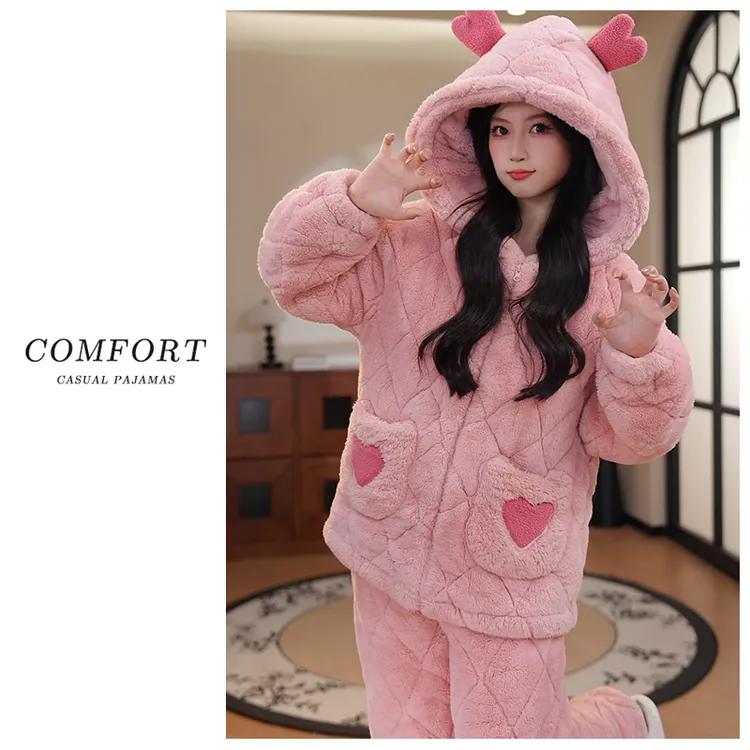 三层夹棉珊瑚绒可外穿新款加绒加厚保暖睡衣连帽家居服法兰绒套装