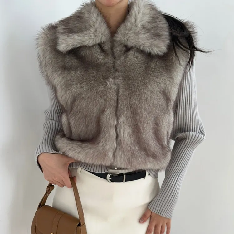 秋冬韩版新款两穿环保皮草马甲拼接可拆卸袖子针织开襟衫外套女