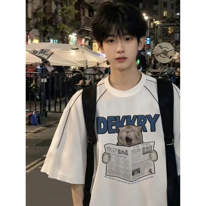 100%纯棉美式报纸小猫字母印花拼接短袖T恤男女夏季休闲情侣上衣