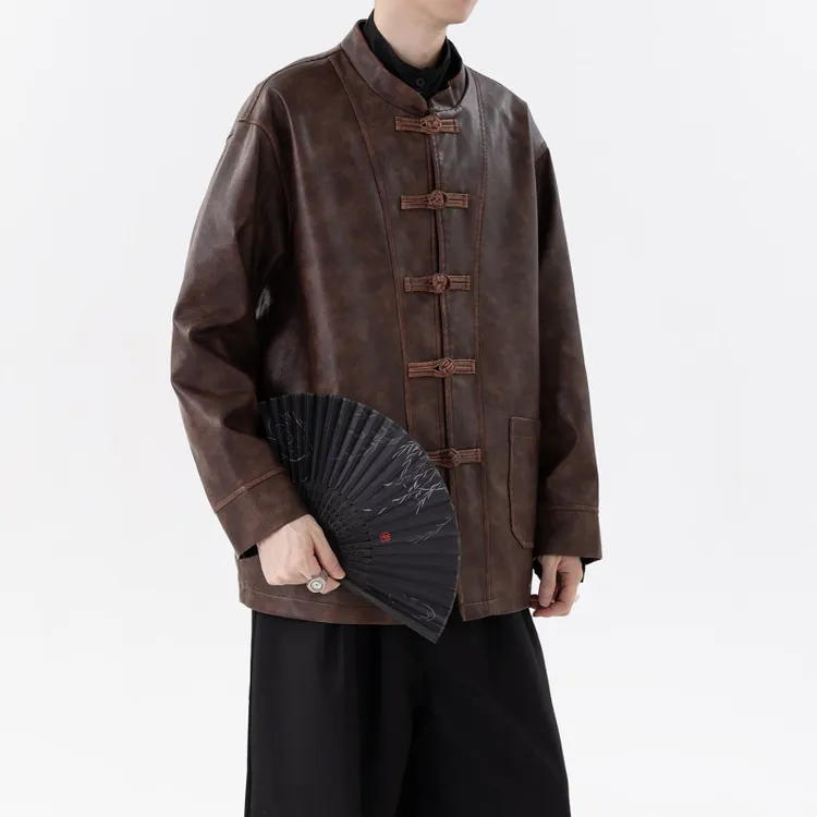 手工擦皮复古中国风夹克皮衣男女生宽松纯色盘扣中山装外套民族风
