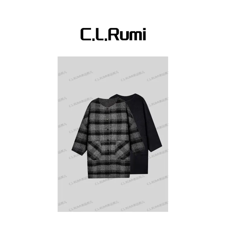 【Rumi精选】“维多利亚”秋冬毛呢格纹圆领羊毛羊驼毛大衣7217wt