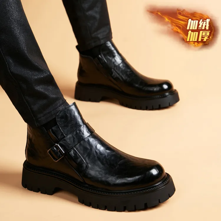 短靴男厚底北方冬季加绒百搭低帮马丁靴高帮皮鞋痞帅高级感增高黑