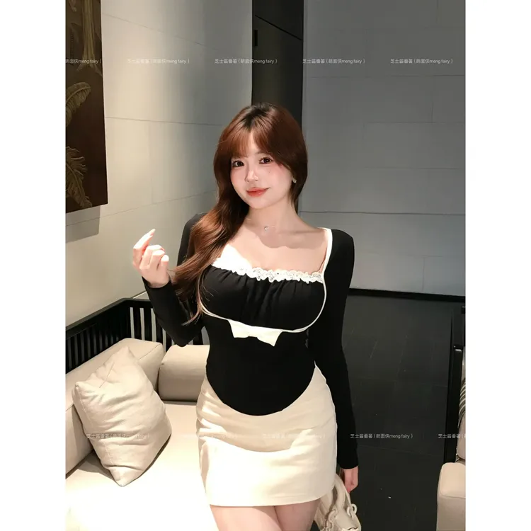 萌面侠芝士【伶俐交织】棉质假两件针织上衣纯棉高腰半裙7122 5971