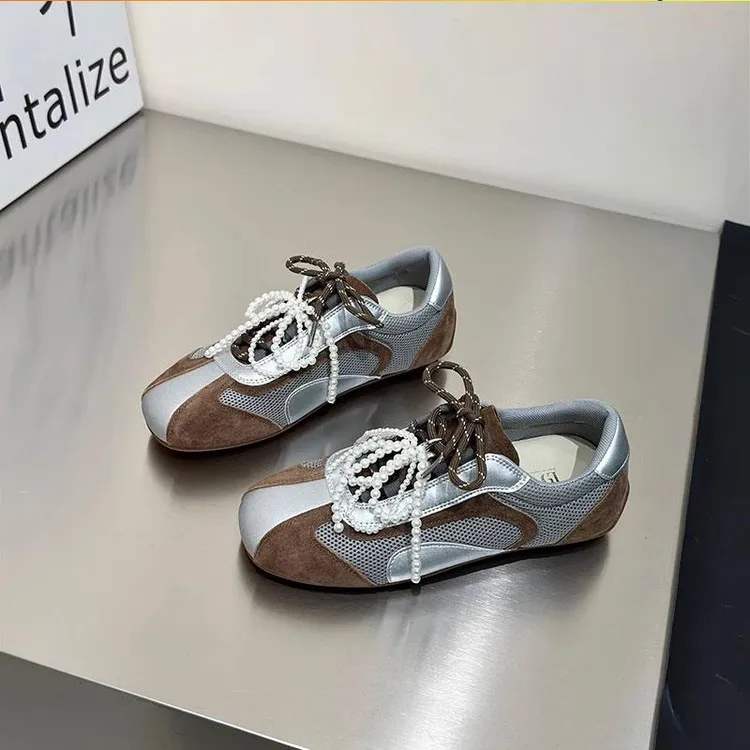 真皮双色带内增高德训鞋女2025春季软底串珠蝴蝶结网面阿甘休闲鞋