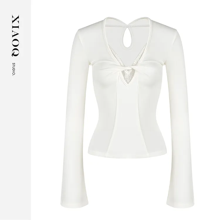 XIAOQ「冷脸欧尼」法式设计感双色可选蕾丝拼接镂空上衣T恤女13665