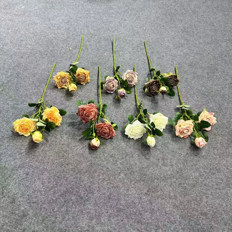 3头复古焦边玫瑰家居摆件假花仿真花