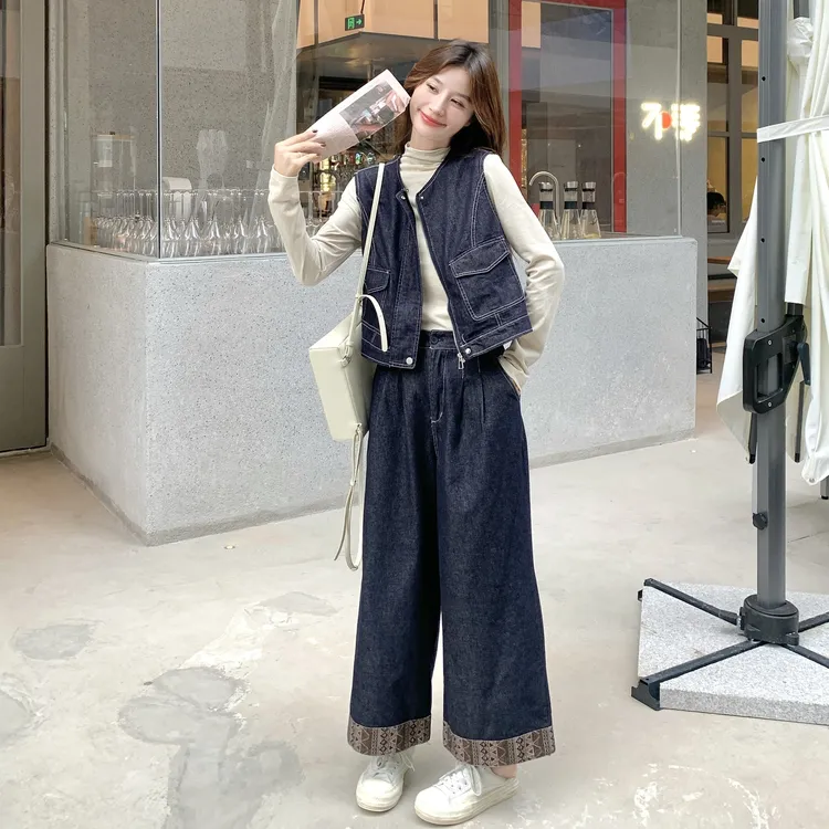 韩版复古明线牛仔套装女2025春秋休闲通勤打底衫马甲阔腿裤三件套