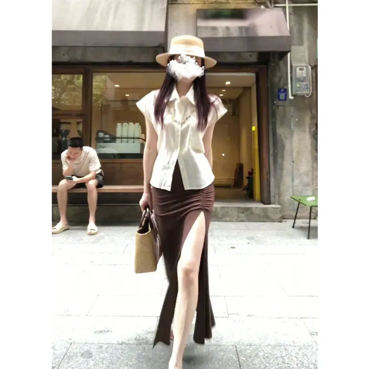 2025夏季新款女法式气质翻领修身短袖上衣高腰显瘦开叉A字半身裙