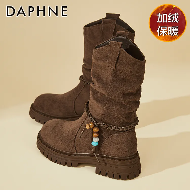 达芙妮厚底西部牛仔靴女2025秋冬新款加绒马丁靴串珠美拉德堆堆靴