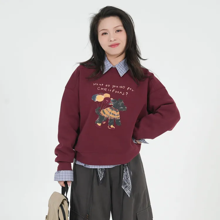 小个子圆圆CK1197气球小狗印花圆领短款卫衣宽松百搭显白秋装女