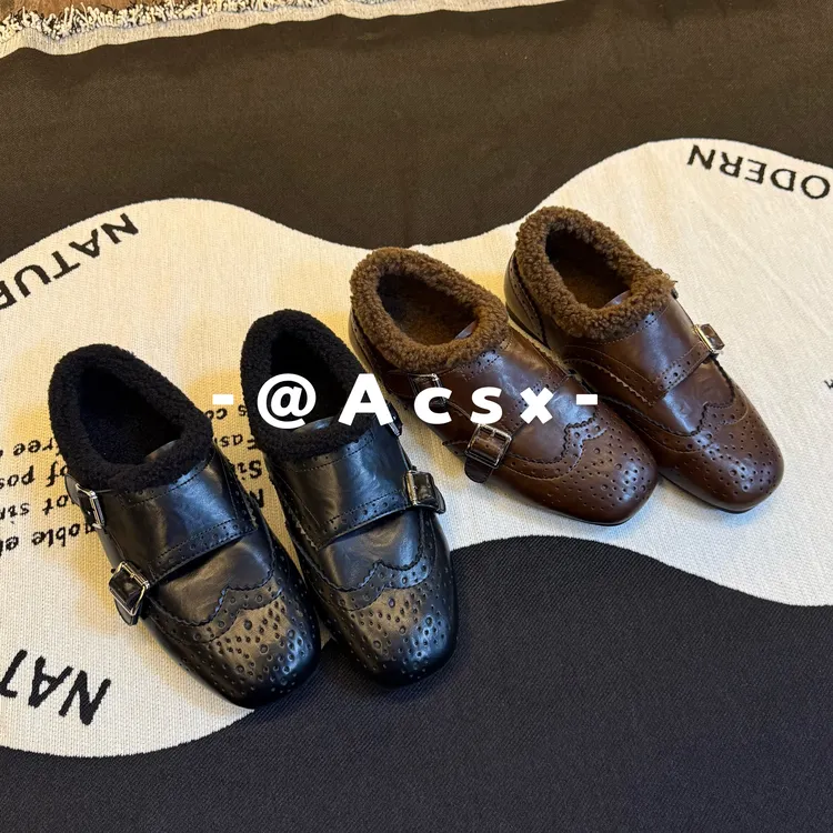 【阿茶】手作乐福~跟高3CM /2025秋冬新款真皮加绒加厚布洛克乐福鞋