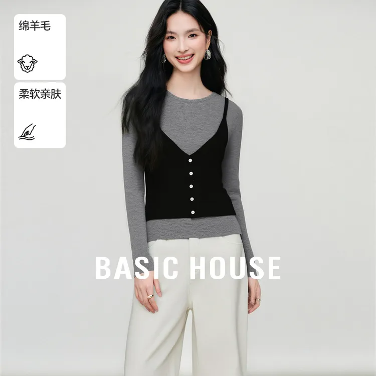 Basic House/百家好秋新款撞色叠穿假两件长袖针织衫B0625B5GTU2