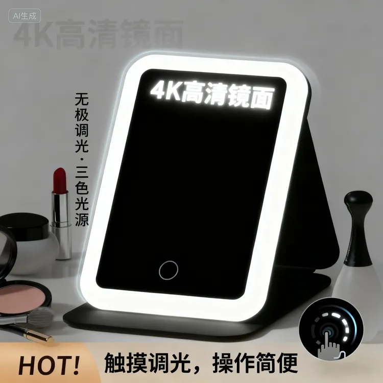 化妆镜台式桌面化妆镜带补光灯女生折叠镜子家用卧室便携充电式