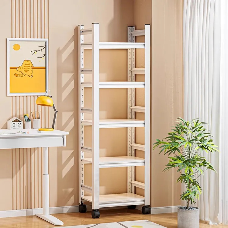 钢制书架移动带轮靠墙不占空间落地多层置物架铁艺卧室儿童收纳架