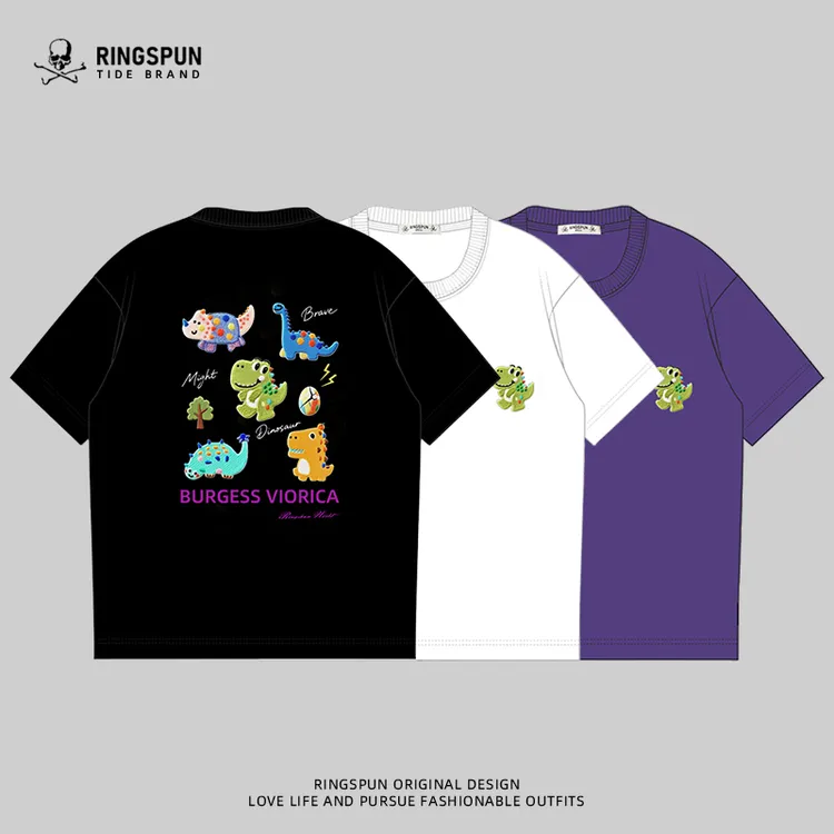 RINGSPUN【小恐龙】刺绣短袖男纯棉宽松百搭圆领短袖潮牌t恤男女款 