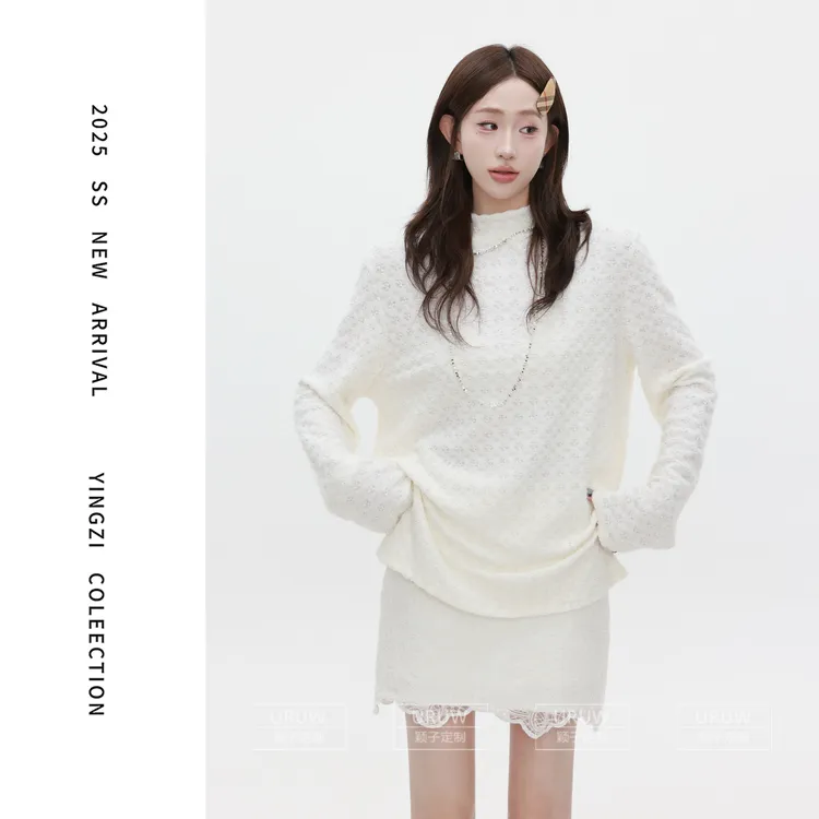 颖子定制【月神庄园】设计感蕾丝钉珠半高领上衣时尚简约上衣2259