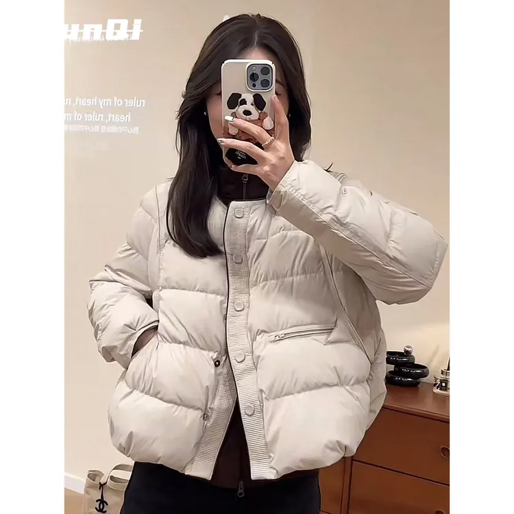 淳启时尚设计对比色圆领短羽绒服女冬季新款韩式保暖夹克时尚新潮