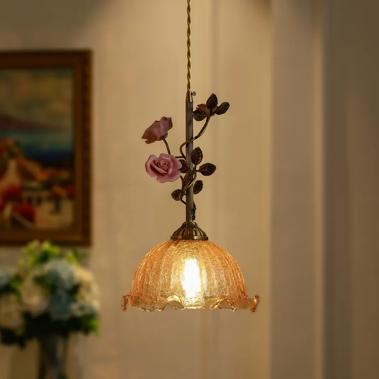 全铜法式床头吊灯氛围玫瑰花朵小吊灯创意个性复古艺术现代餐厅灯