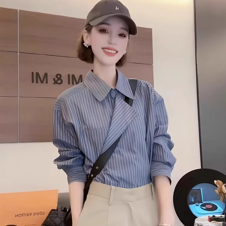 秋装新品条纹长袖法式女性衬衫女装气质上衣衬衣洋气蓝色时尚休闲