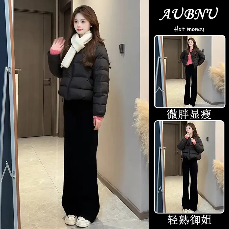 巨好看的冬装一整套韩系时尚小个子圆领羽绒棉服短外套阔腿裤套装