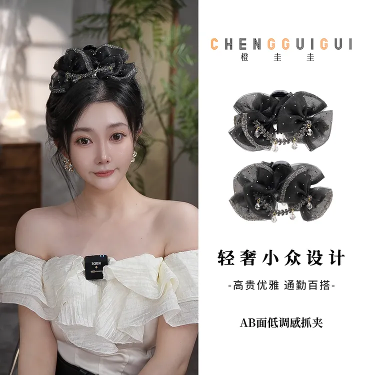 重工AB面网纱鲨鱼夹氛围感轻奢风优雅时尚精美手工发夹百搭发饰